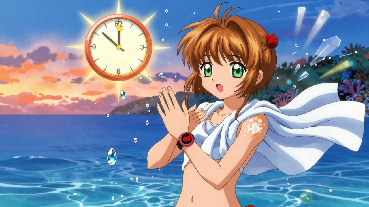 A teen reapplying sunscreen after swimming, with floating water droplets and a glowing 80-minute timer warning.