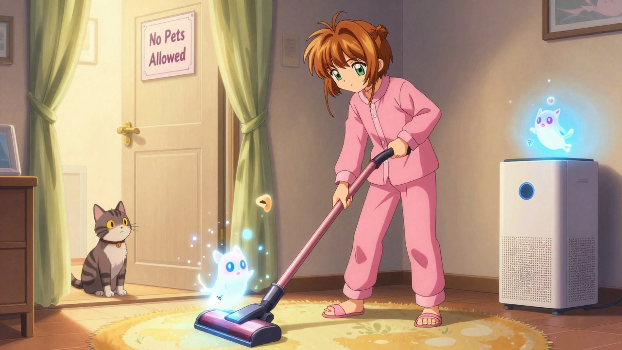 A teen vacuuming with a glowing HEPA vacuum trapping pet dander spirits, cat watching from a closed bedroom door.