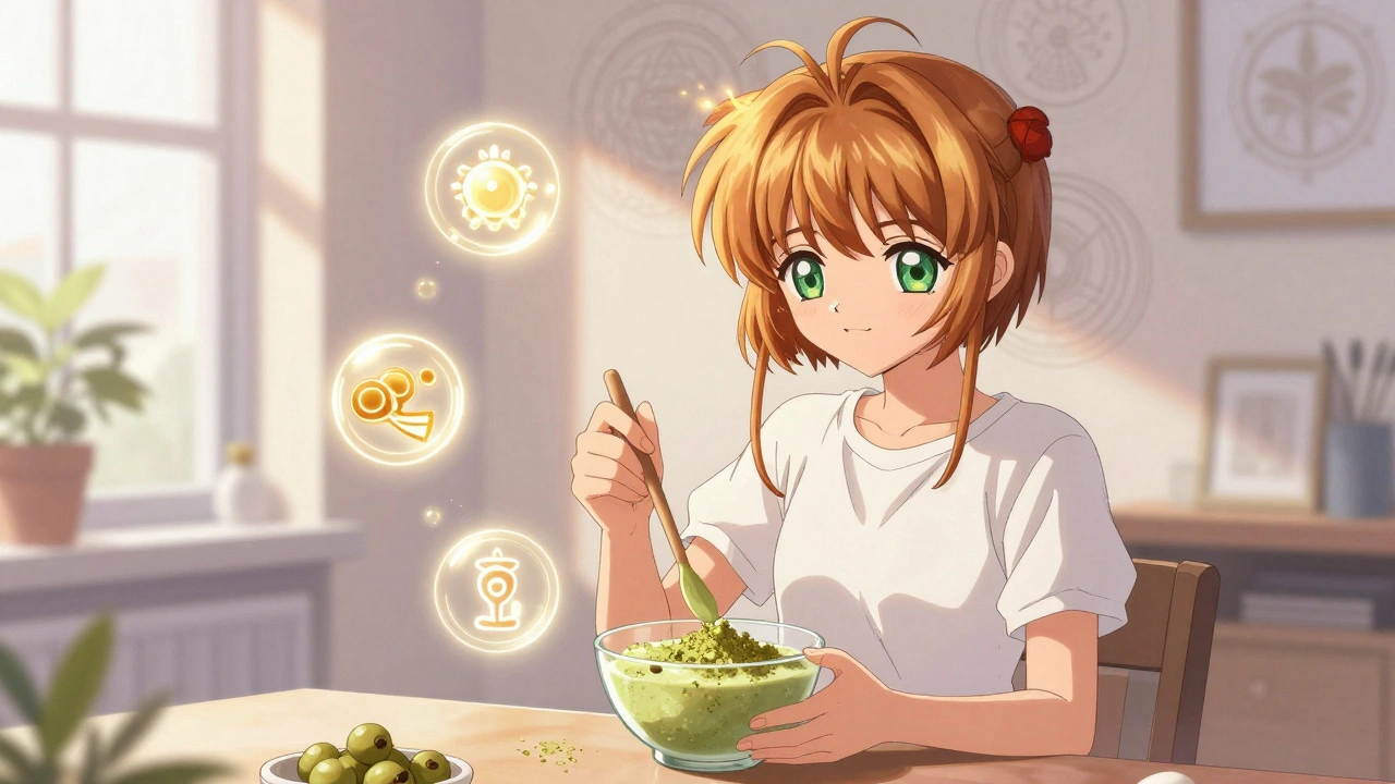 A woman mixing amla powder into a smoothie with glowing health symbols floating around her in a sunlit flat.