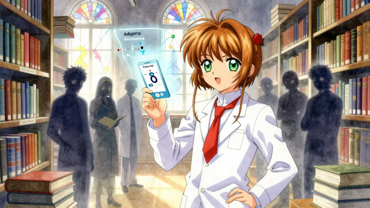 A woman uses a glowing app to reveal her personalized colonoscopy timeline, surrounded by floating medical guidelines.