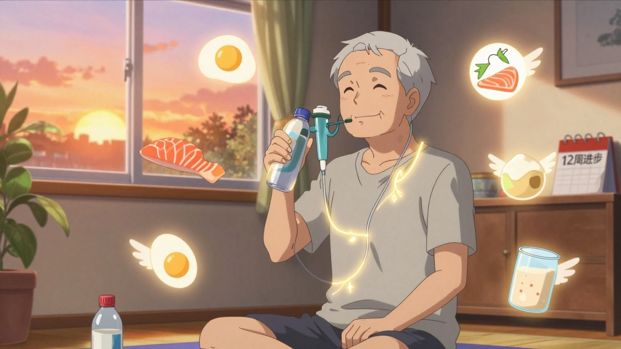 An elderly man doing seated exercises with water bottles, oxygen tubing glowing softly, surrounded by floating food icons with wings.
