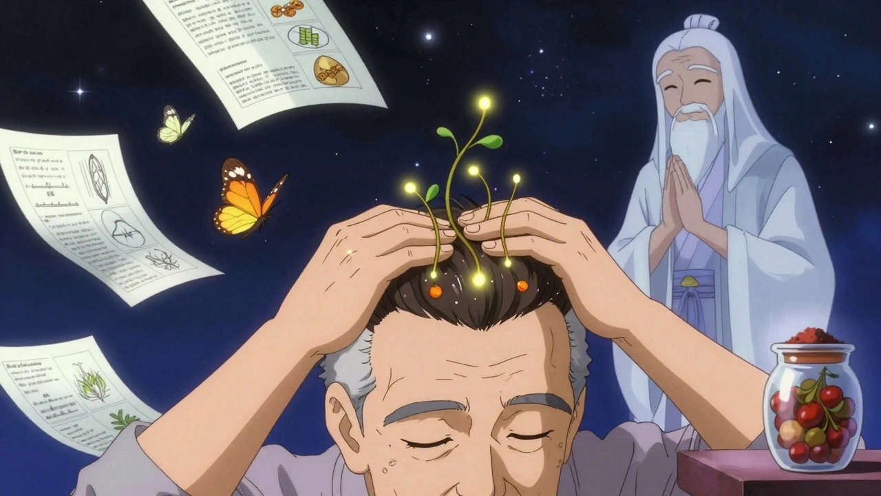 An elderly man massaging amla oil into his scalp as glowing hair follicles sprout under a starry night.
