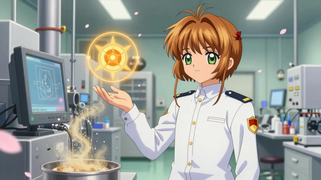 An FDA inspector in a white uniform observing machinery with golden inspection runes in a foreign factory.