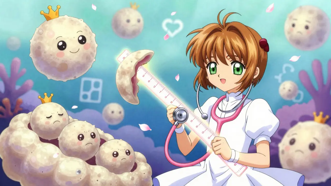 Colorful cartoon polyps float inside a glowing colon, with a stethoscope-ruler measuring their sizes in a dreamy medical world.