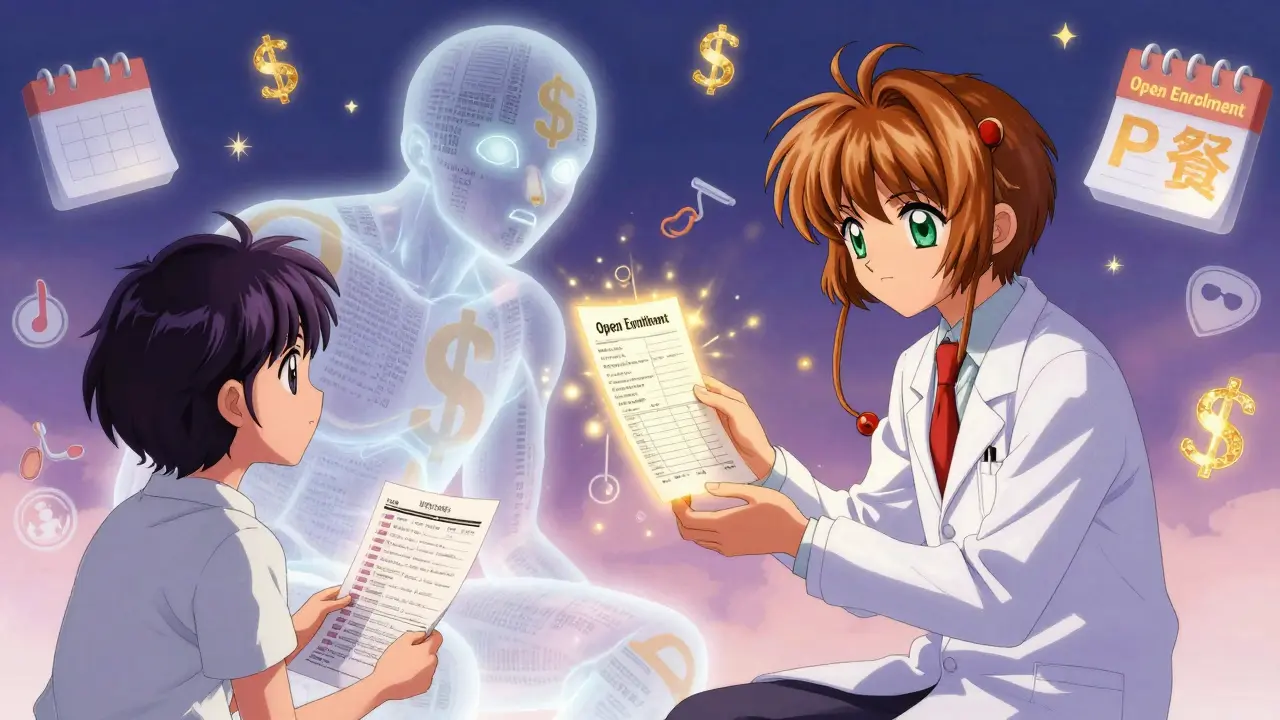 Doctor and patient facing a ghostly PBM giant, holding a glowing formulary exception form.