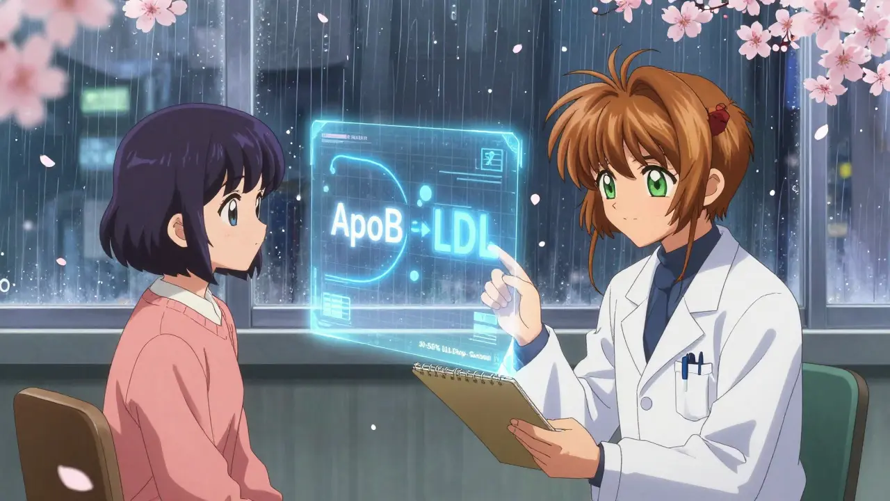 Doctor and patient view shimmering ApoB and LDL particle charts by a sunny clinic window.