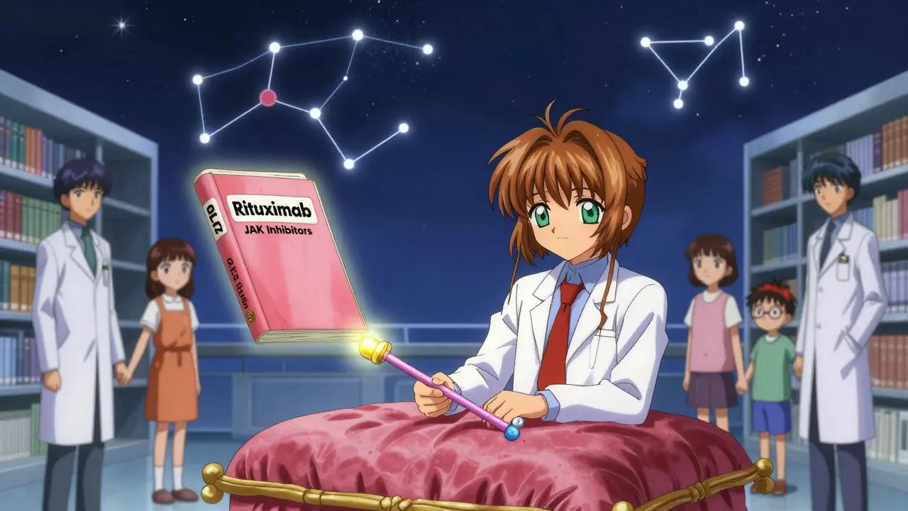 Fading corticosteroid wand lies beside glowing new treatments in a magical medical library under starry skies.