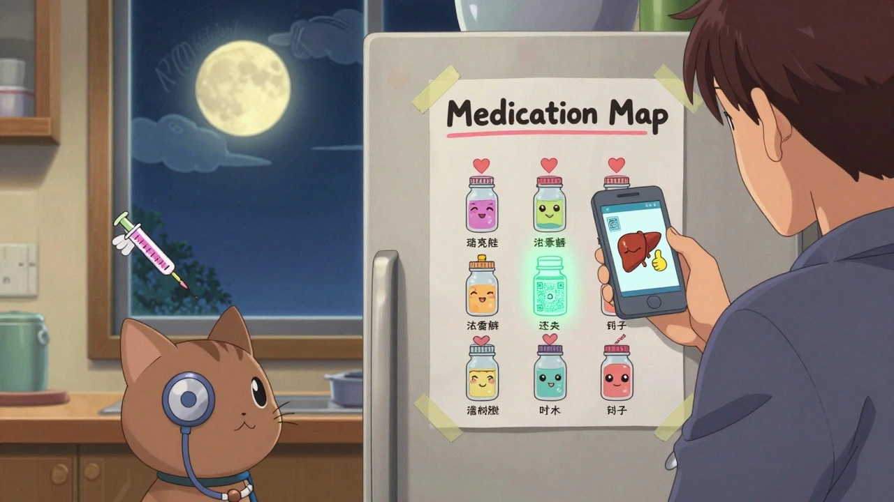 Father displays a colorful medication map on the fridge with illustrated medicine bottles and a glowing QR code.