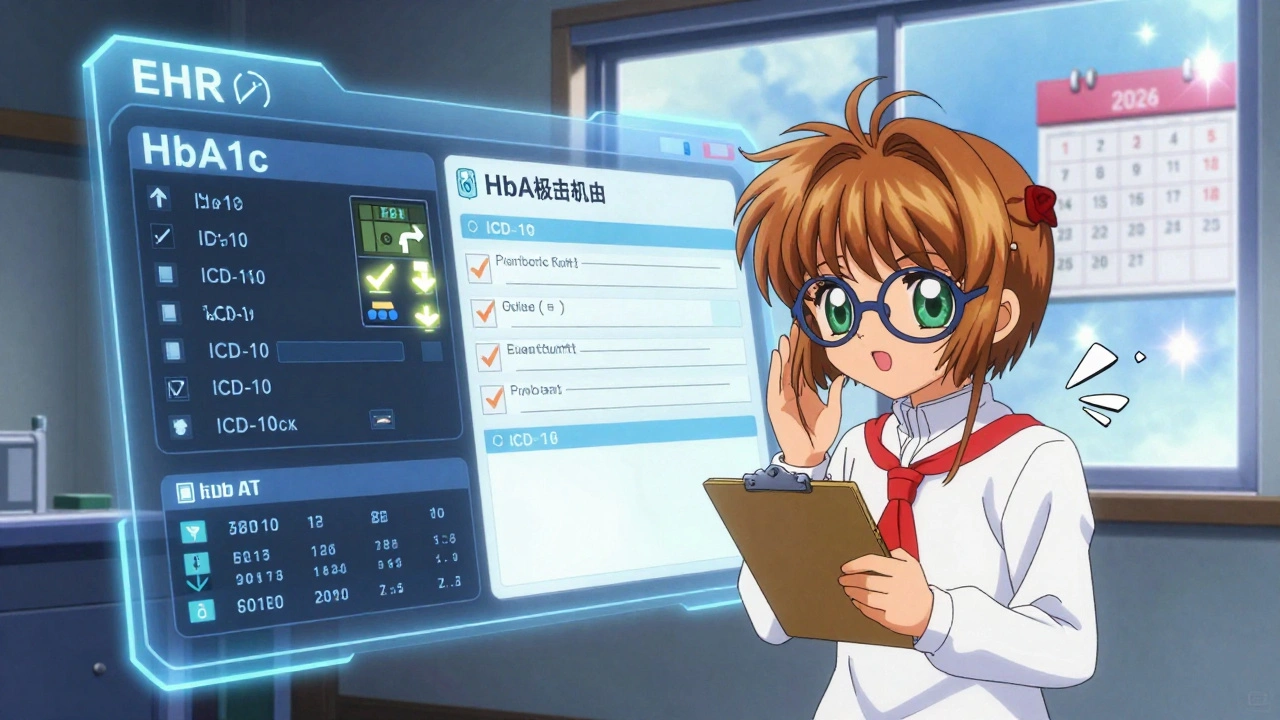 Floating digital screen auto-filling prior auth forms with glowing patient data and AI helper.