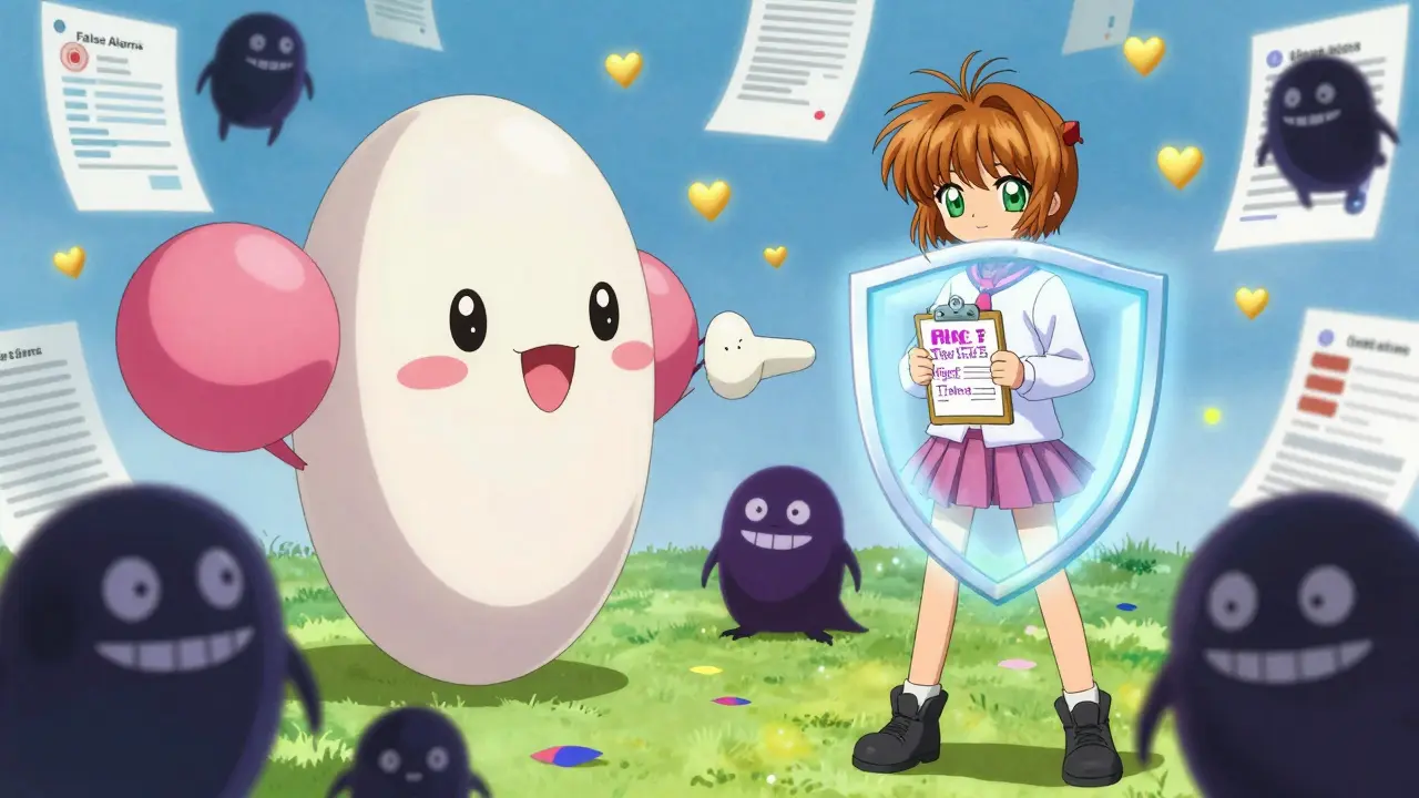 Friendly statin pill fights false alarm monsters under NICE guidelines shield, heart symbols fall like confetti.