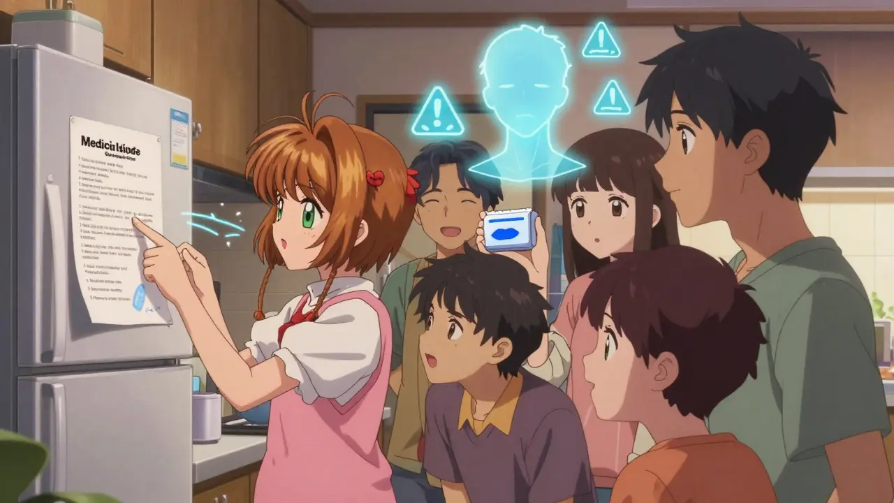 Friends gathered in a kitchen, one pointing to a Medication Guide on the fridge while another holds a naloxone kit.