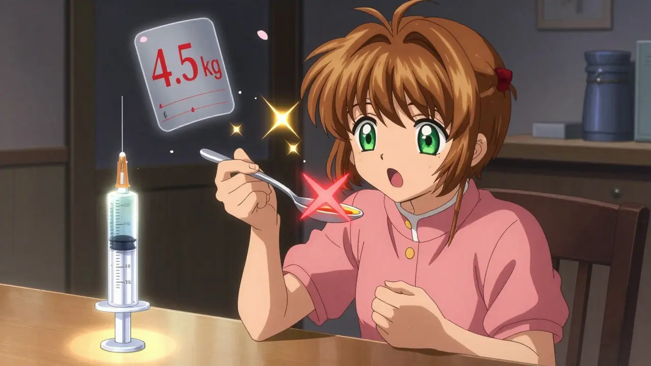 Grandmother shocked as kitchen spoon glows with warning sparks beside a correct syringe.