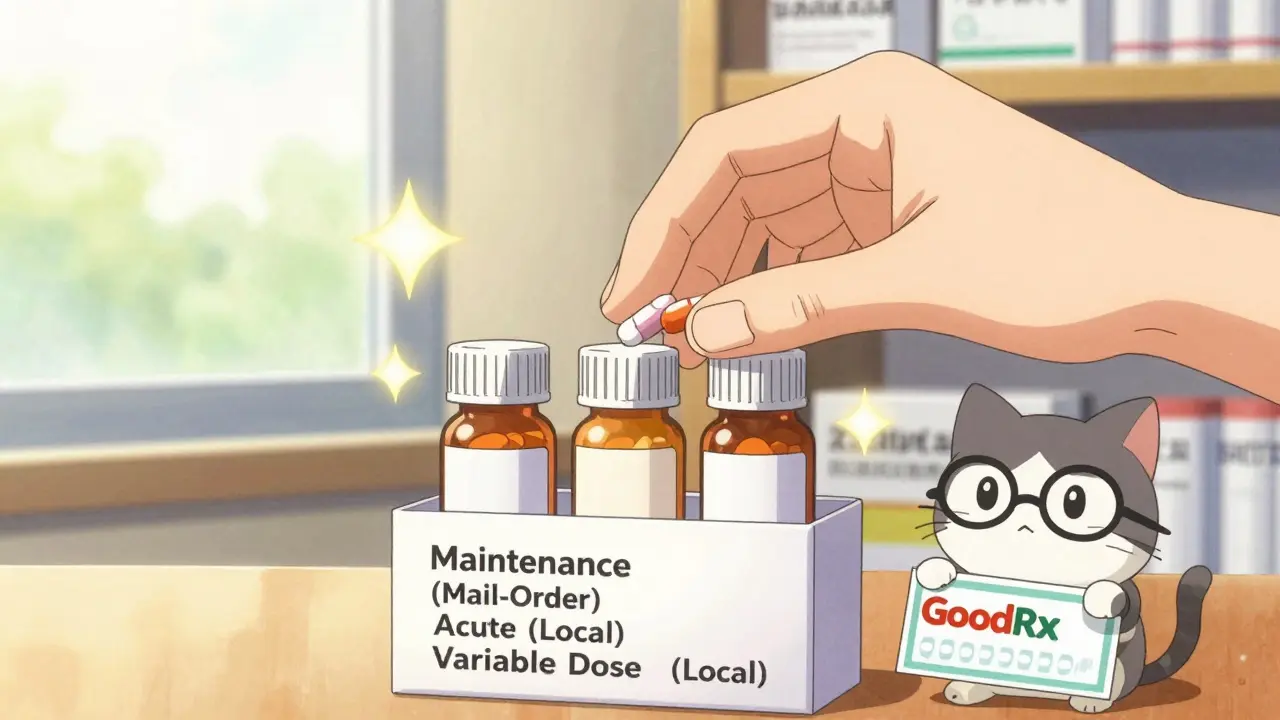 Hand organizing pill bottles into three labeled categories with floating coupons and a glasses-wearing cat in soft anime style.