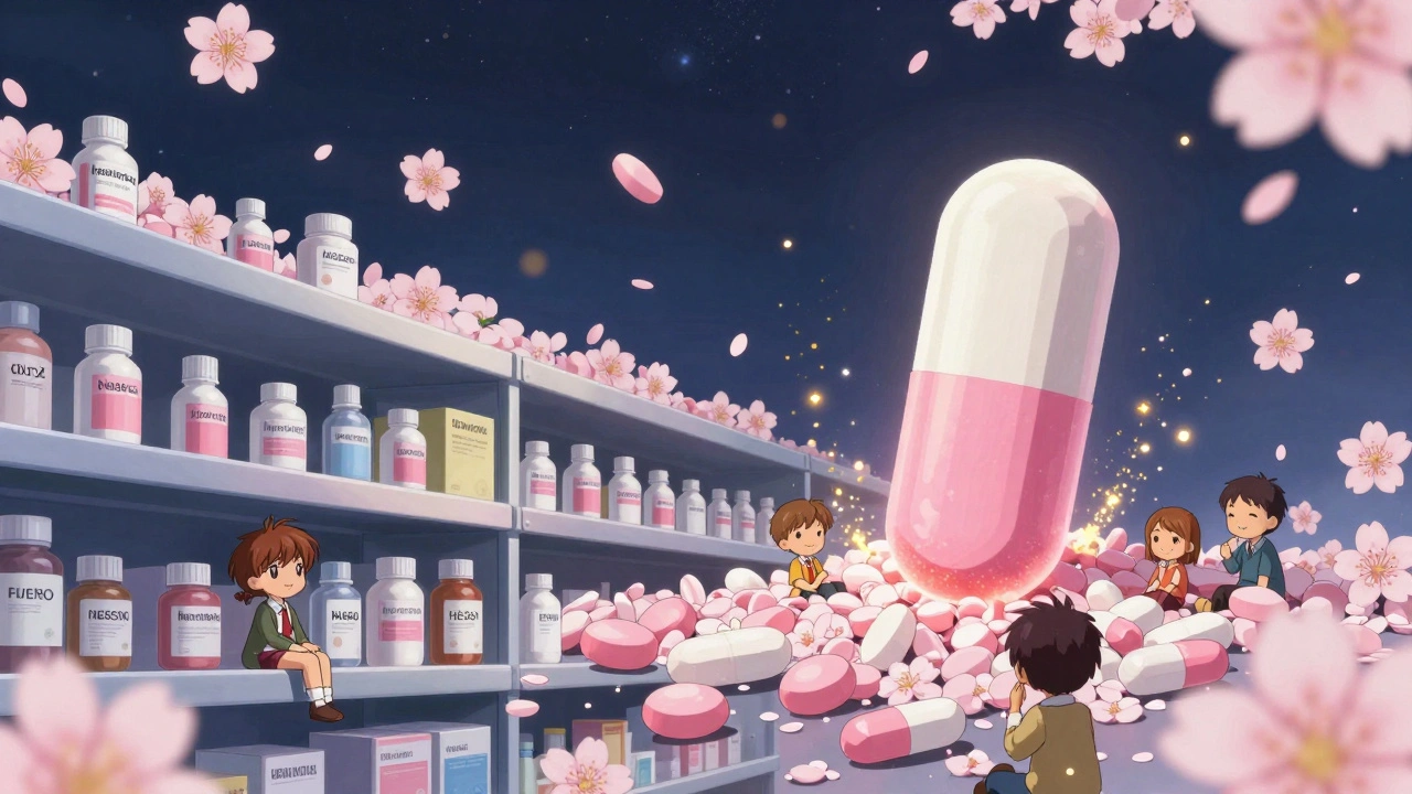 Hundreds of glowing generic pills float like cherry blossoms, while a faded brand-name pill stands alone on a shelf.