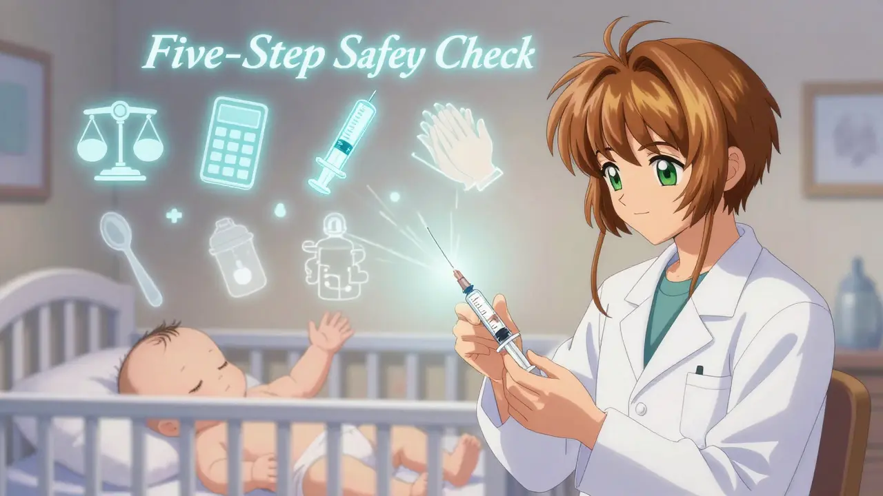 Parent and caregiver double-checking medicine dose together with glowing safety steps in background.