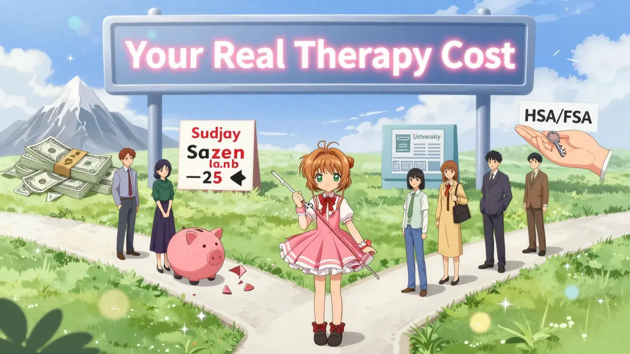 People at a crossroads with paths showing high costs vs. affordable therapy options, in dreamy anime style.