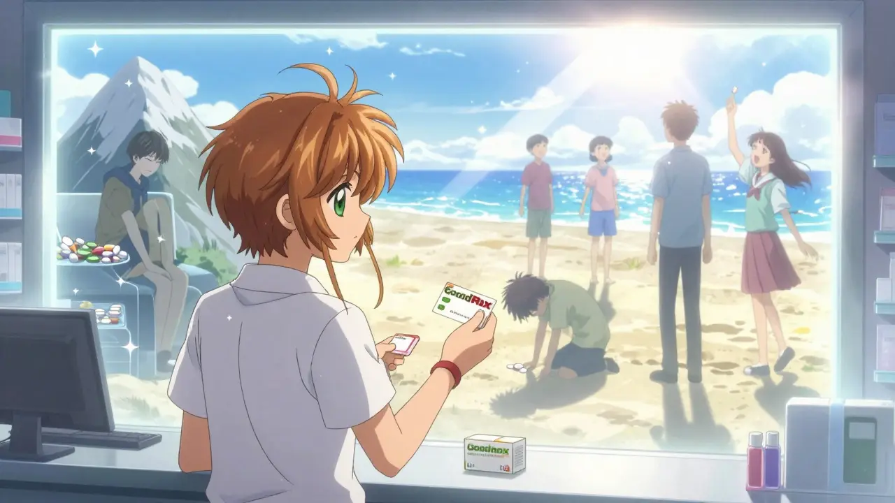 Person at pharmacy with a discount card, behind them two contrasting realities of life with or without medication burden.