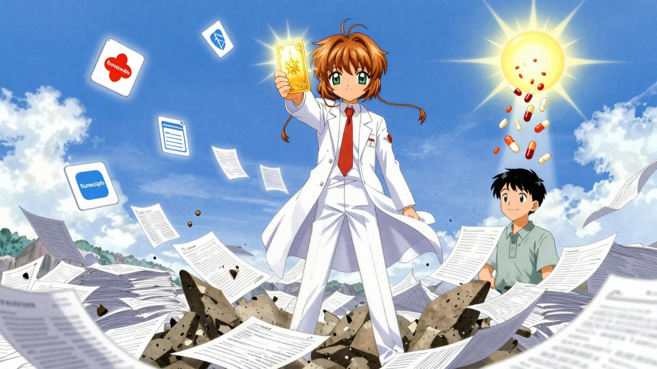 Pharmacist holding a golden approval card as paperwork disintegrates around them.