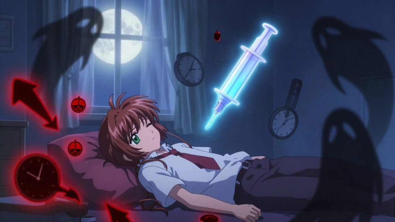 Someone collapsing at night as ghostly low blood sugar symbols swirl around them, a glowing glucagon injector hovering nearby.