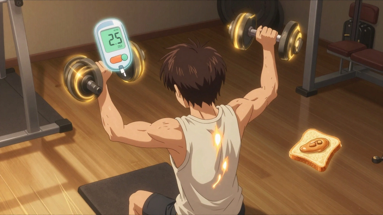 Someone lifting weights in a gym with glowing insulin and glucose energy auras surrounding them.