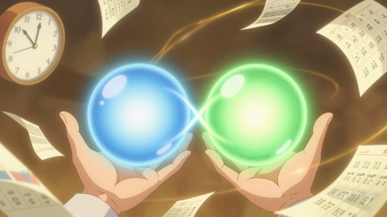 Two glowing orbs transitioning between hands, symbolizing a slow, safe medication switch.