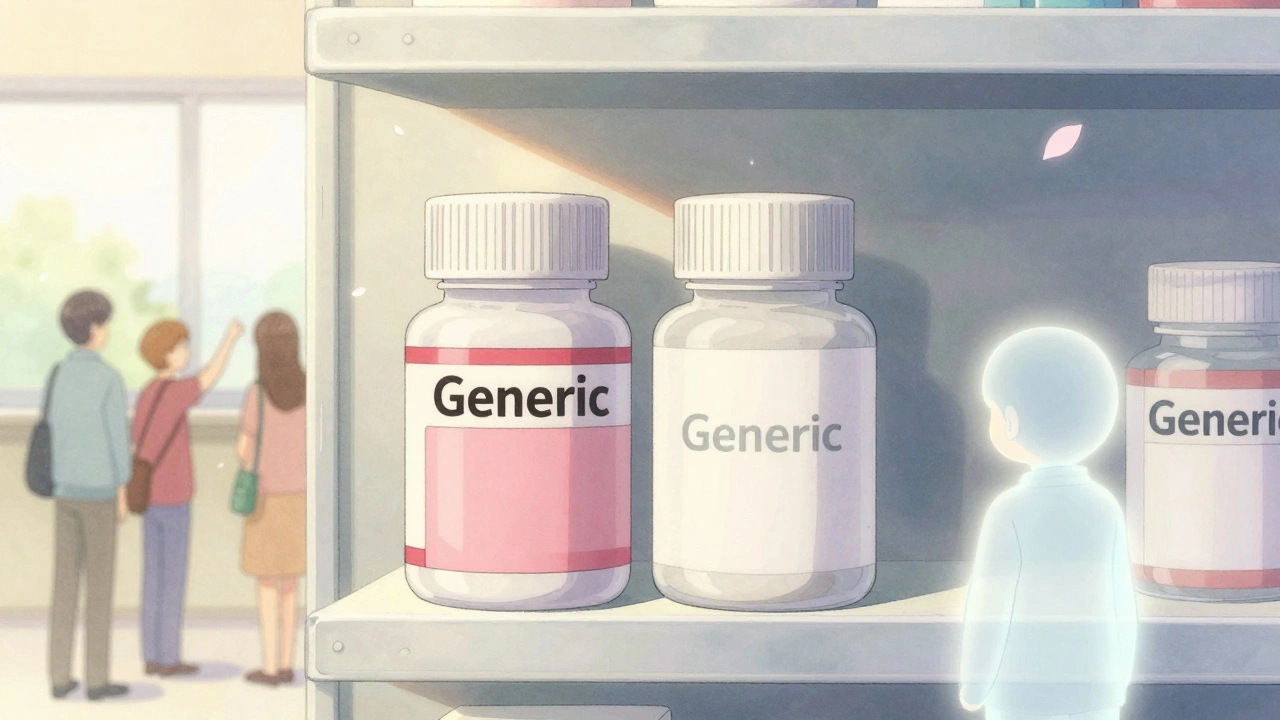 Two identical pill bottles on a pharmacy shelf, one branded, one generic, as a worried worker watches customers choose the brand.