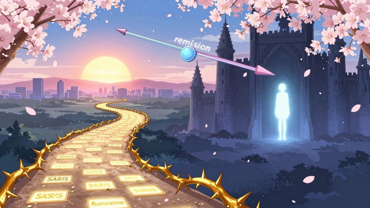 Two magical paths representing SSRIs and Clomipramine leading to peace, with Y-BOCS scale above.