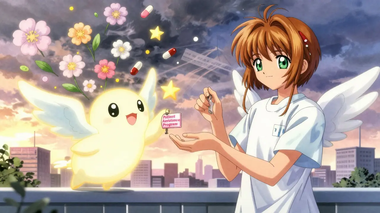 Woman in hospital gown receiving a key from a winged pharmacy spirit, with denied claims turning to flowers.