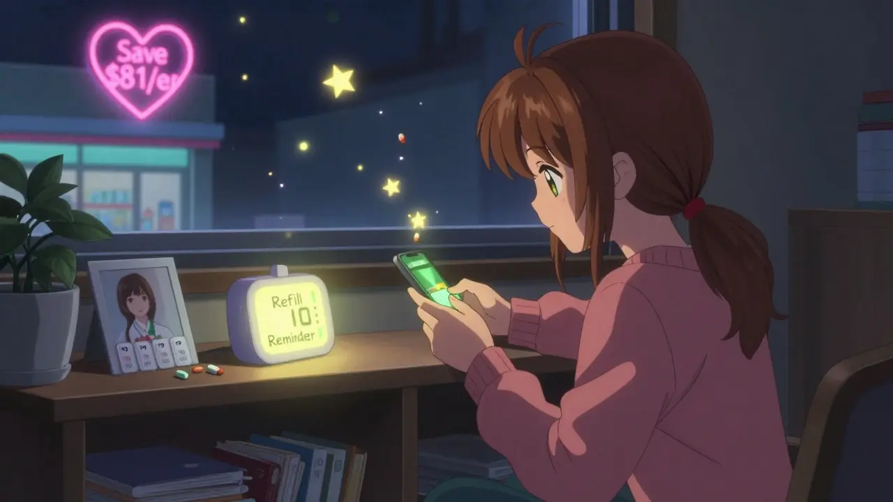 Woman setting a refill reminder alarm at night, backup pills beside a photo of her pharmacist, floating pill fireflies in warm lighting.