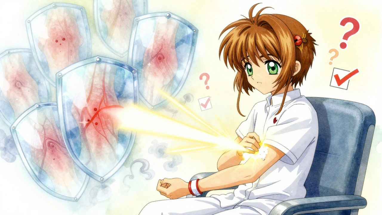 Young adult getting second Shingrix dose as shingles pain dissolves into light