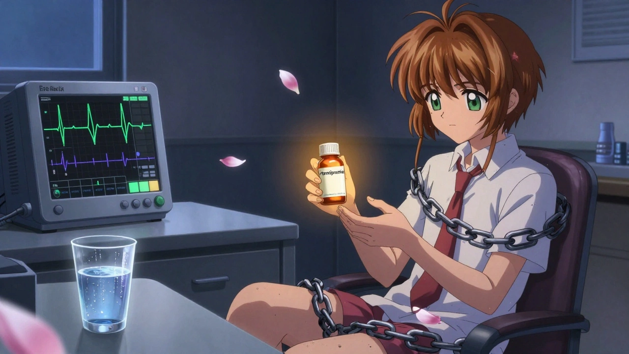 Young adult receiving Clomipramine prescription with side effect chains being broken by petals.