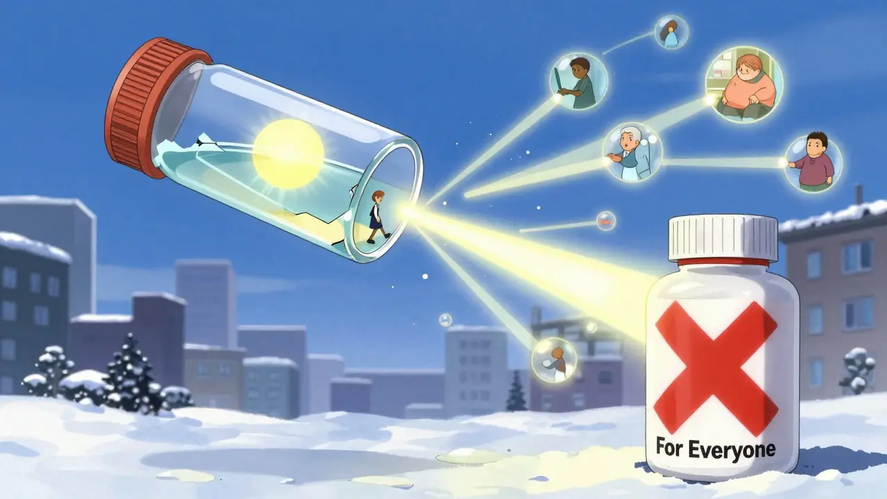 A blood test vial releasing personalized vitamin D rays to diverse people under a winter sun, with a faded 'for everyone' supplement bottle.