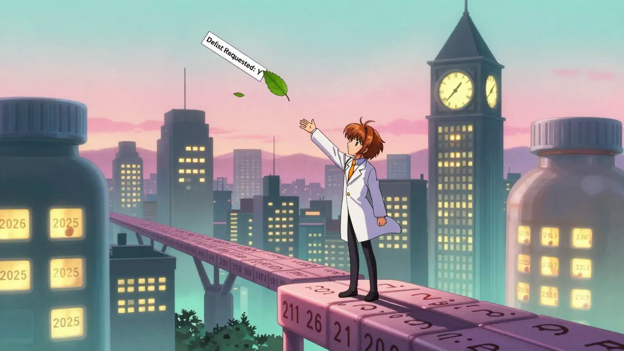A city of pill-shaped skyscrapers glows at dawn, with expiration dates as lanterns; a developer catches a 'Delist Requested' leaf under a syringe-shaped clock tower.