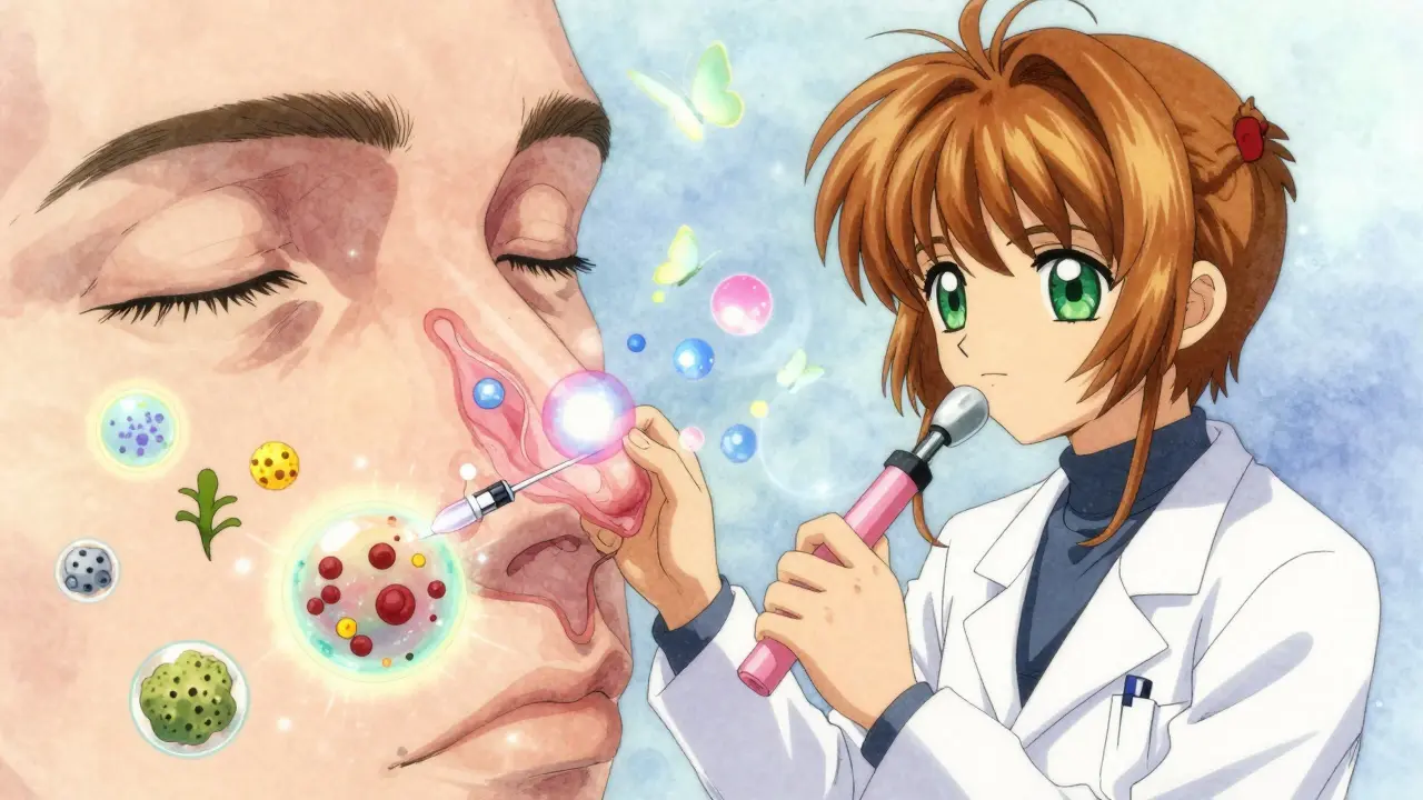 A doctor using a glowing scope to treat inflamed sinuses with magical energy orbs representing steroids.
