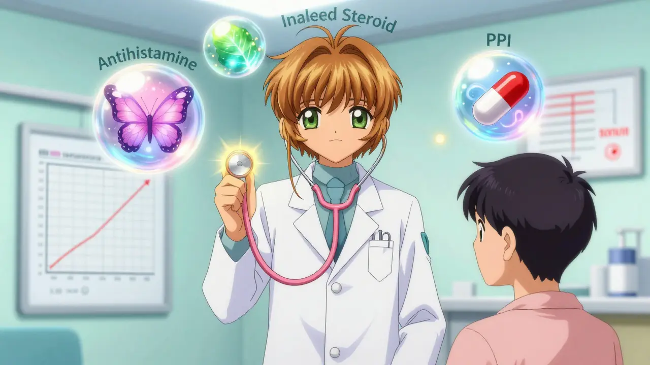 A doctor with a glowing stethoscope beside a patient, three magical diagnostic orbs hovering above showing treatment paths.