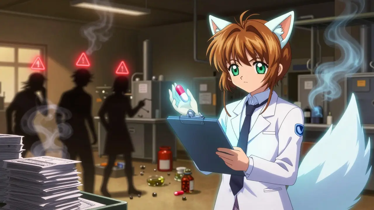 A fox-spirit FDA inspector confronts hidden violations in a factory, with glowing warnings and a safe pill in hand.