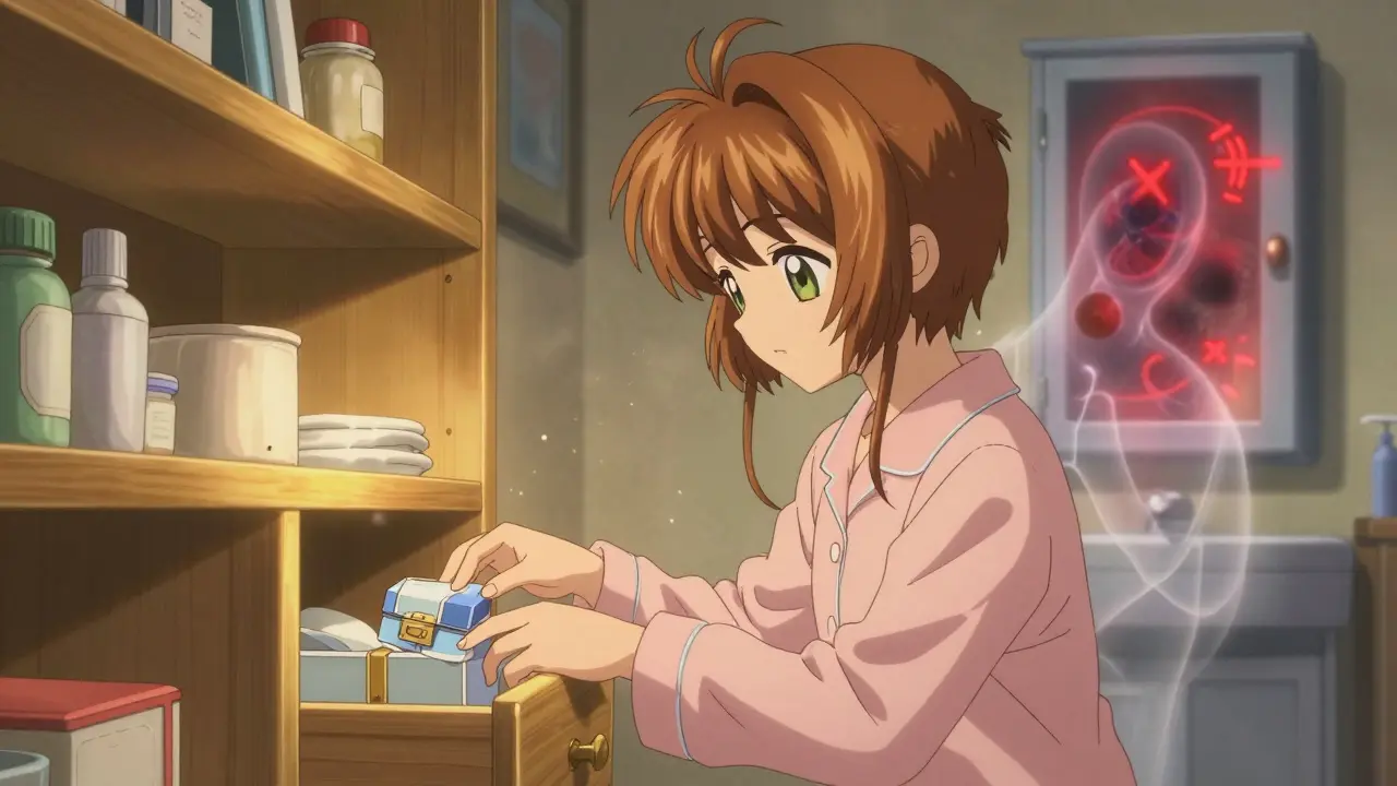 A girl placing medicine in a locked bedroom drawer as a fading pill ghost disappears from the bathroom.