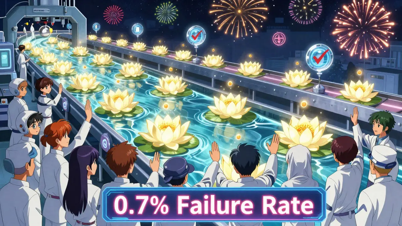 A glowing continuous manufacturing line produces pills like flowers, with AI orbs monitoring quality under a night sky of compliance fireworks.