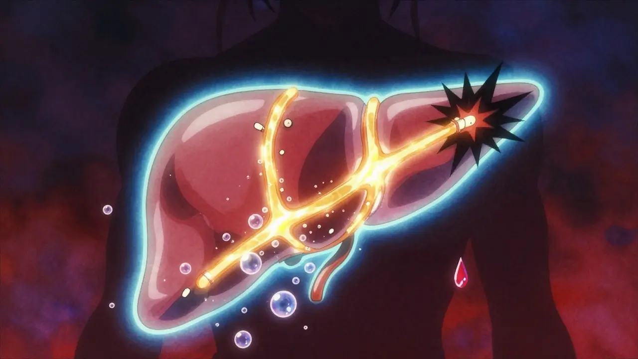 A glowing liver with toxic pathways draining away, surrounded by pills and a shimmering alcohol drop.