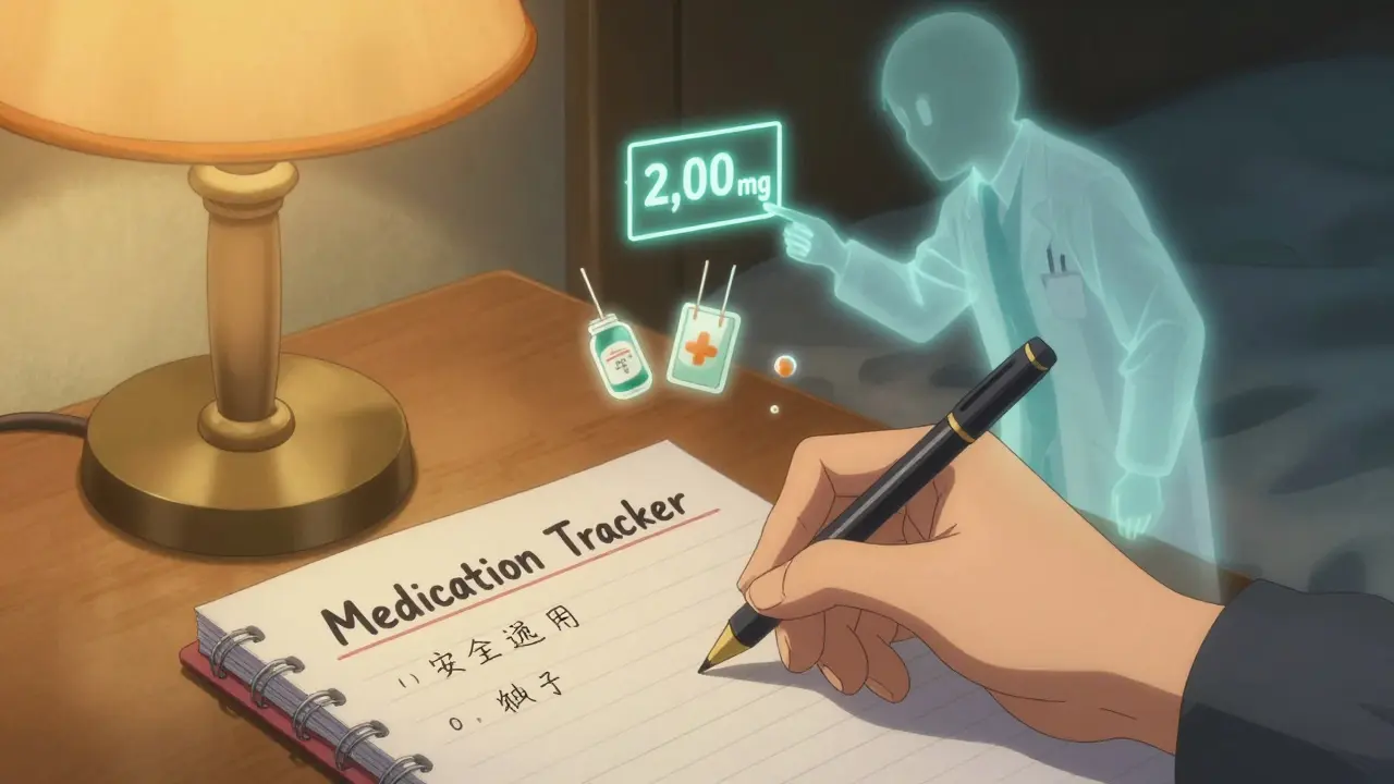 A hand writing in a medication journal under a lamp, with safe treatment alternatives floating nearby.