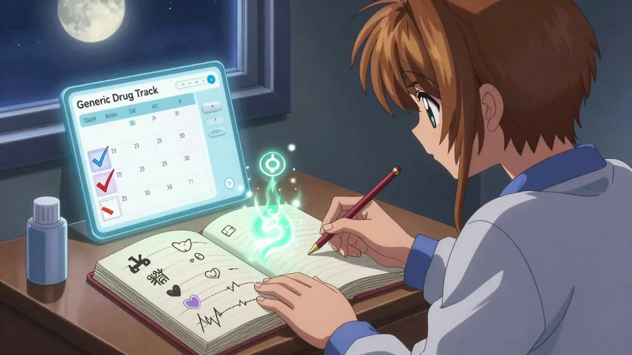 A journal emits spectral health symbols as a digital app hovers beside it under moonlight.