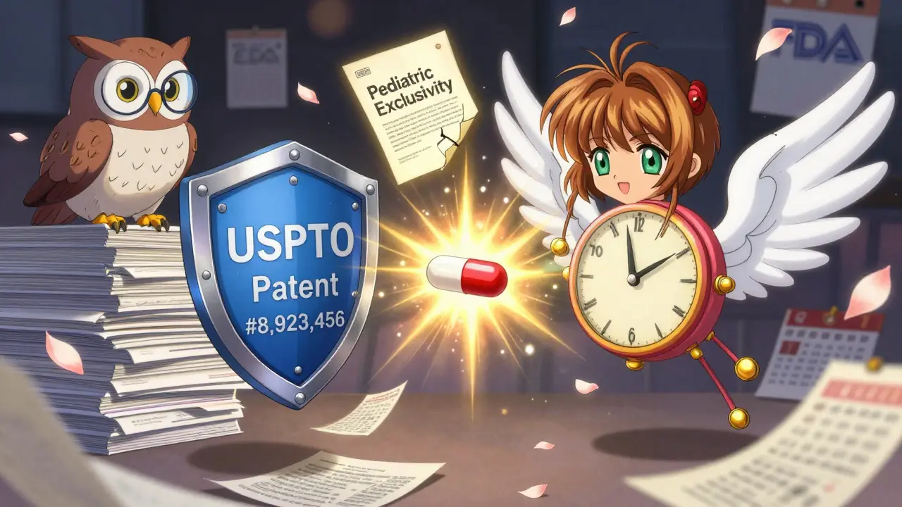 A magical battle between a patent shield and a six-month exclusivity clock encircles a generic drug capsule, with an owl offering guidance amid floating legal documents.