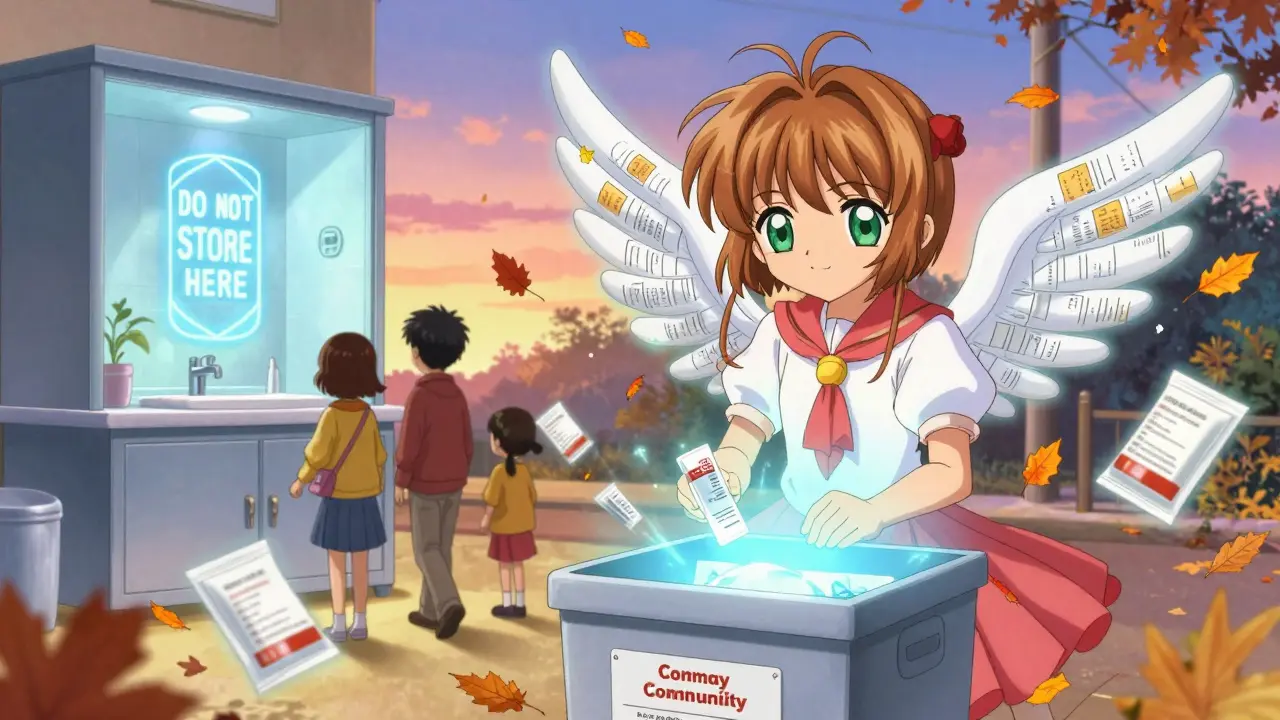 A magical pharmacy spirit beside a drug drop-off box, while a family walks away from a forbidden bathroom cabinet.