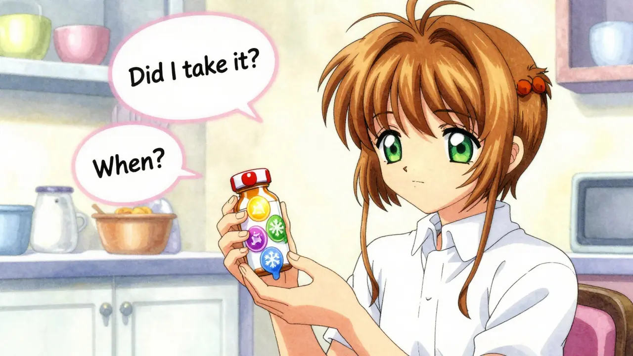 A patient holds a bottle covered in colorful auxiliary labels, one melting as heat affects its icon.