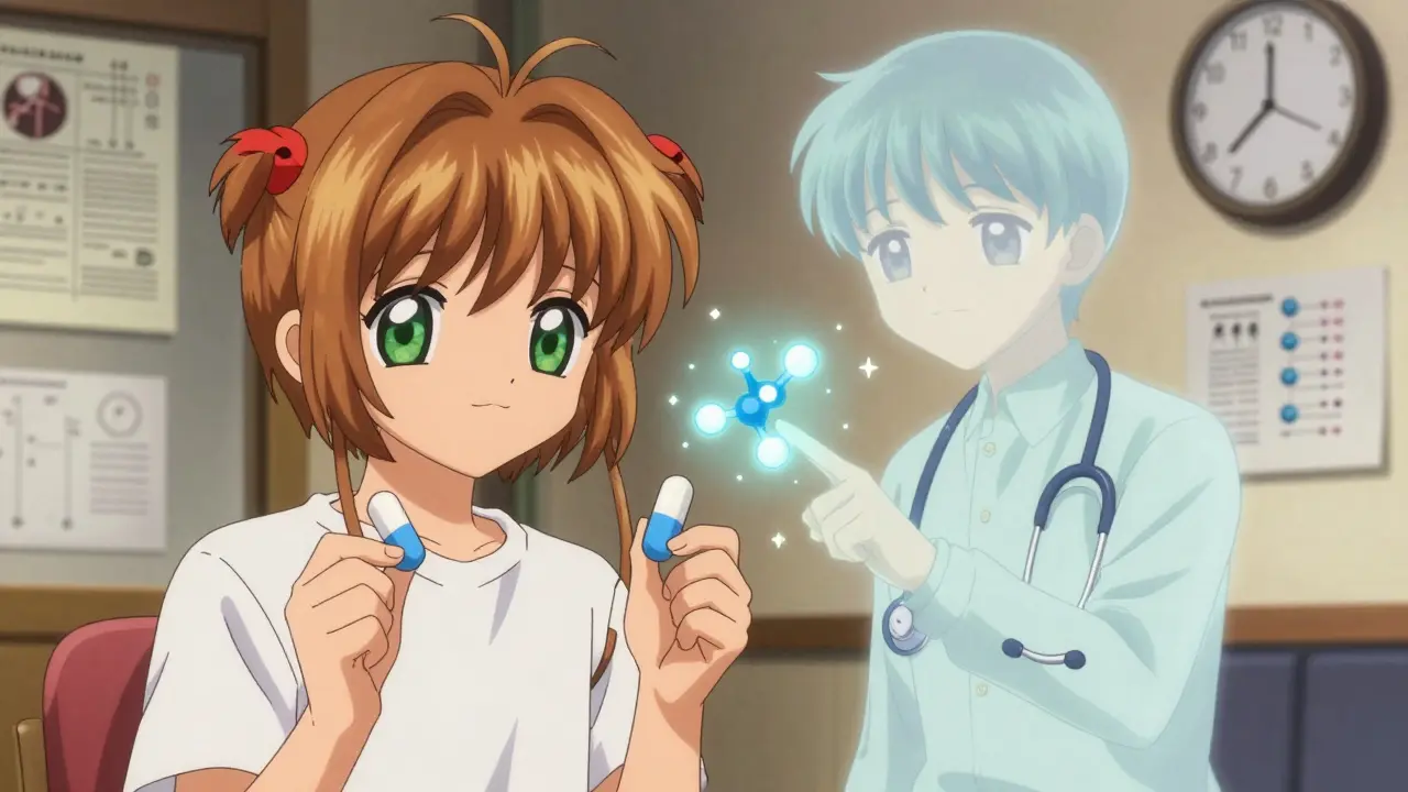 A patient holds two differently colored pills as a stethoscope spirit shows their identical inner structures.