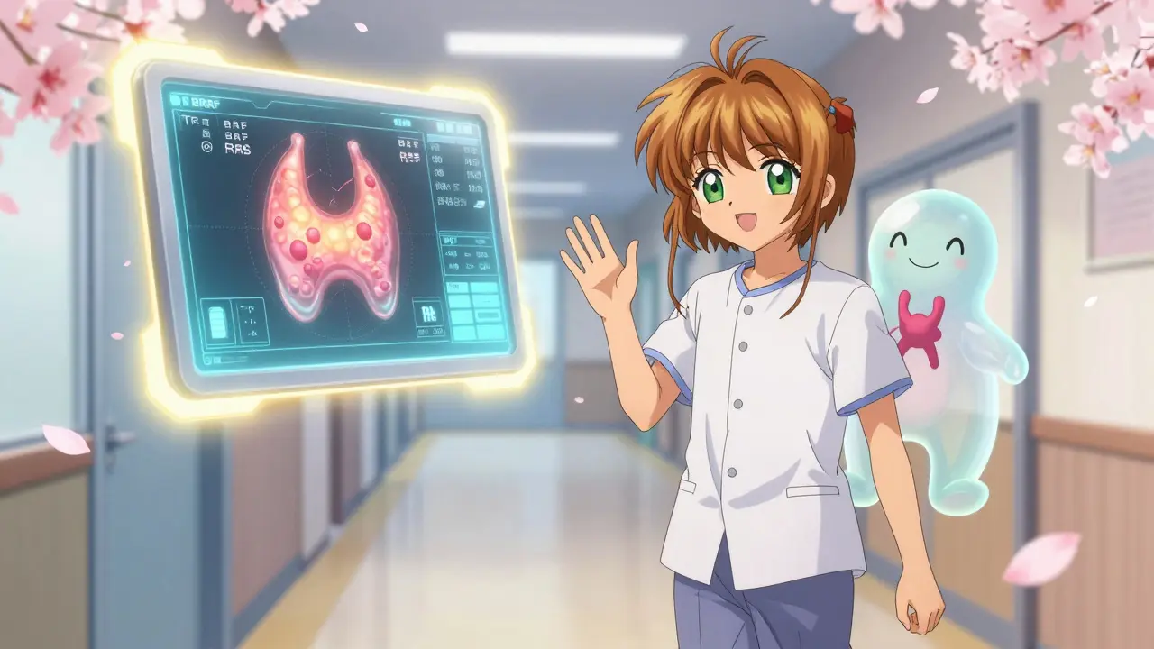 A patient leaving a clinic as a friendly thyroid spirit waves goodbye, with floating AI gene markers in the background.