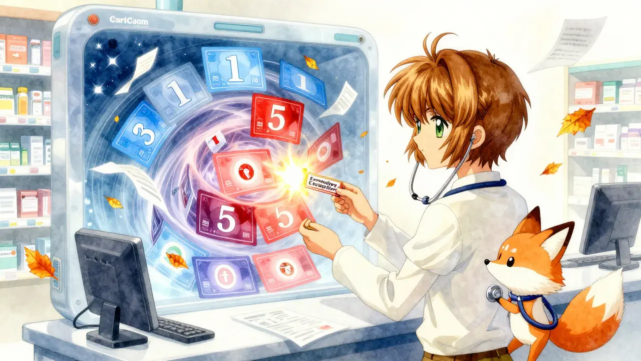A patient receives a formulary exception key from a fox spirit guide as tiered drug cards swirl in a magical portal.