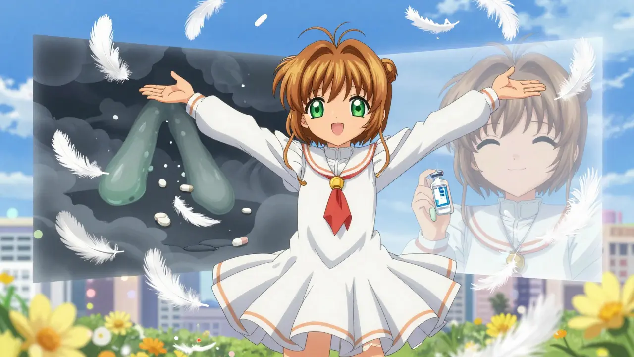 A person celebrating with feathers of healing, contrasting past illness with present wellness under a clear sky.