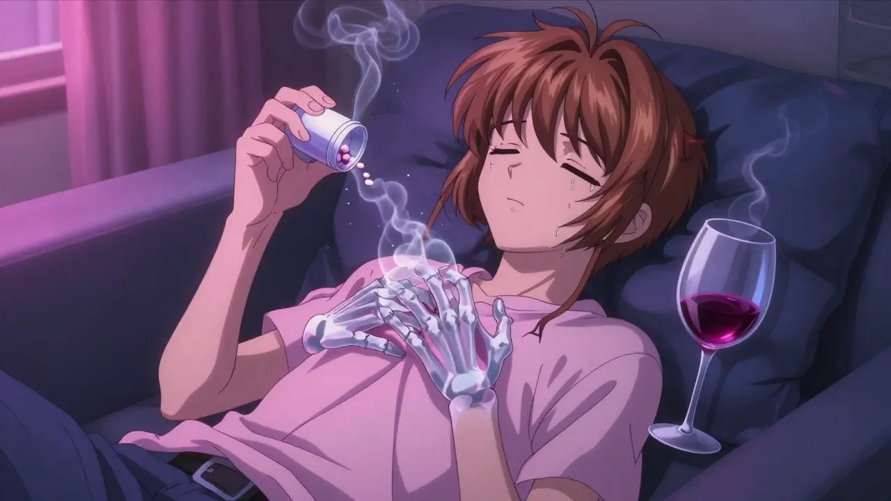 A person on a couch, surrounded by swirling fumes pulling at their chest, symbolizing respiratory failure.