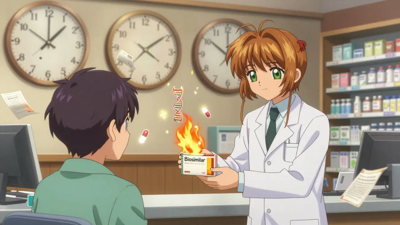 A pharmacist hands a biosimilar to a patient while patent documents burn in the background, clocks ticking toward 2025.